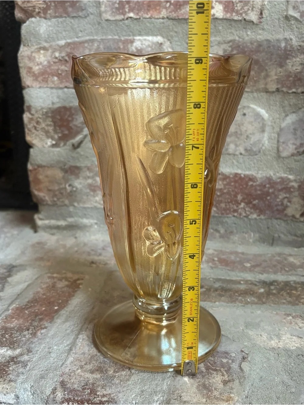 Jeanette Glass vase in the Iris & Herringbone pattern Vase - marigold color